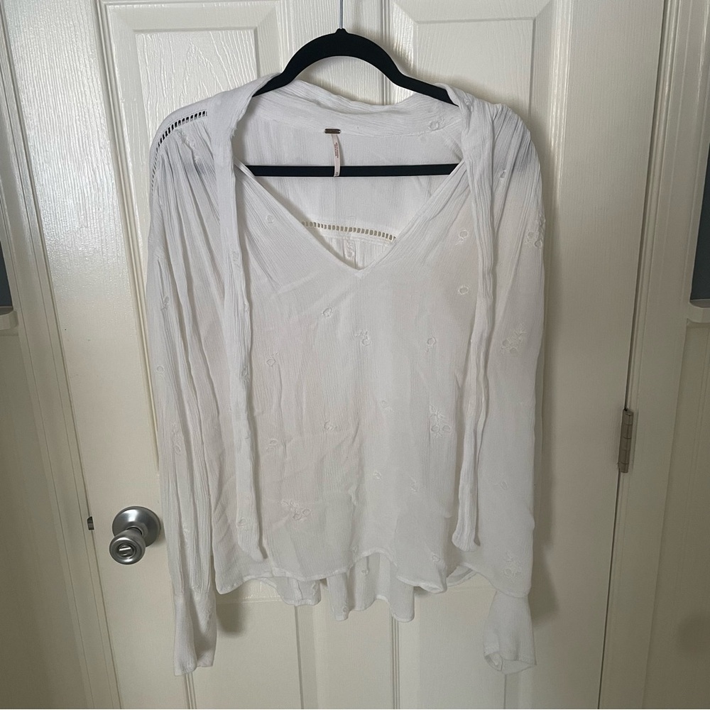Free People White Boho Long Sleeve Eyelet Tie Top Blouse Shirt
